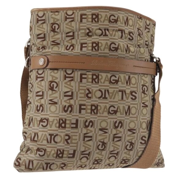 Salvatore Ferragamo Shoulder Bag Canvas Leather Brown Silver Auth BA5611